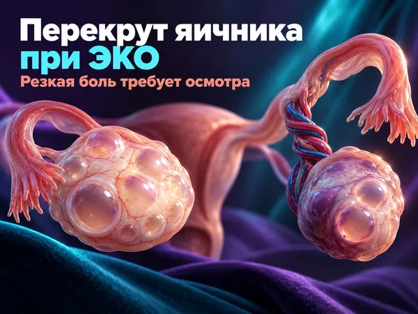 Увеличенный после стимуляции яичник с перекрученной сосудистой ножкой рядом с яичником в нормальном положении Увеличенный после стимуляции яичник с перекрученной сосудистой ножкой рядом с яичником в нормальном положении