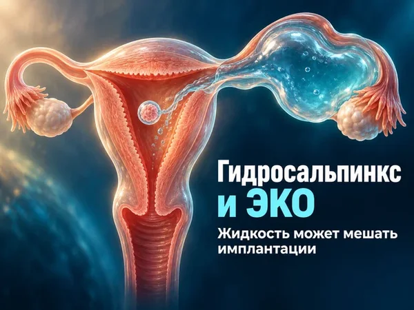 Расширенная маточная труба с жидкостью рядом с полостью матки и эмбрионом перед имплантацией