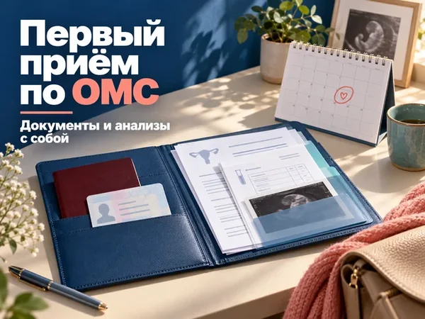 Папка с документами для ЭКО по ОМС рядом с календарём приёма и результатами медицинских обследований