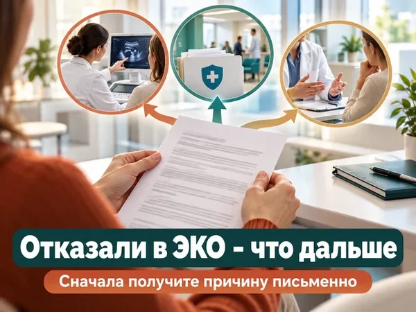 Медицинская выписка в руках пациентки и несколько направлений дальнейших действий после отказа в ЭКО Медицинская выписка в руках пациентки и несколько направлений дальнейших действий после отказа в ЭКО